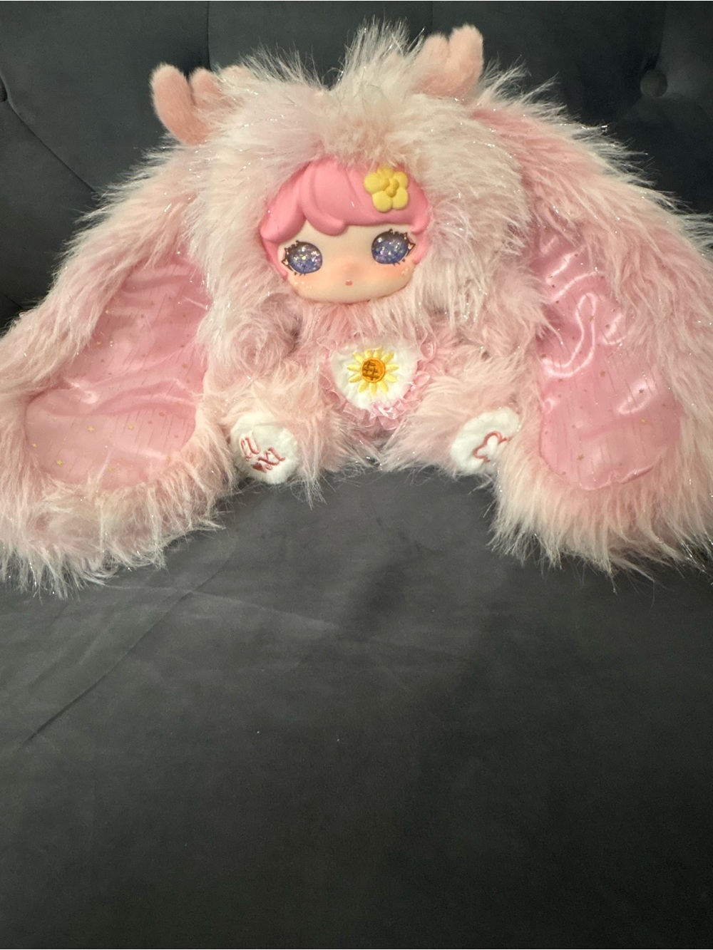 Soft Pink Fluffy Bunny Plush with Daisy Accent - Kids Stuffed Animal